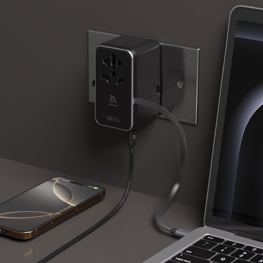 T70L - Adaptador de viaje universal de 70W con cable USB-C integrado
